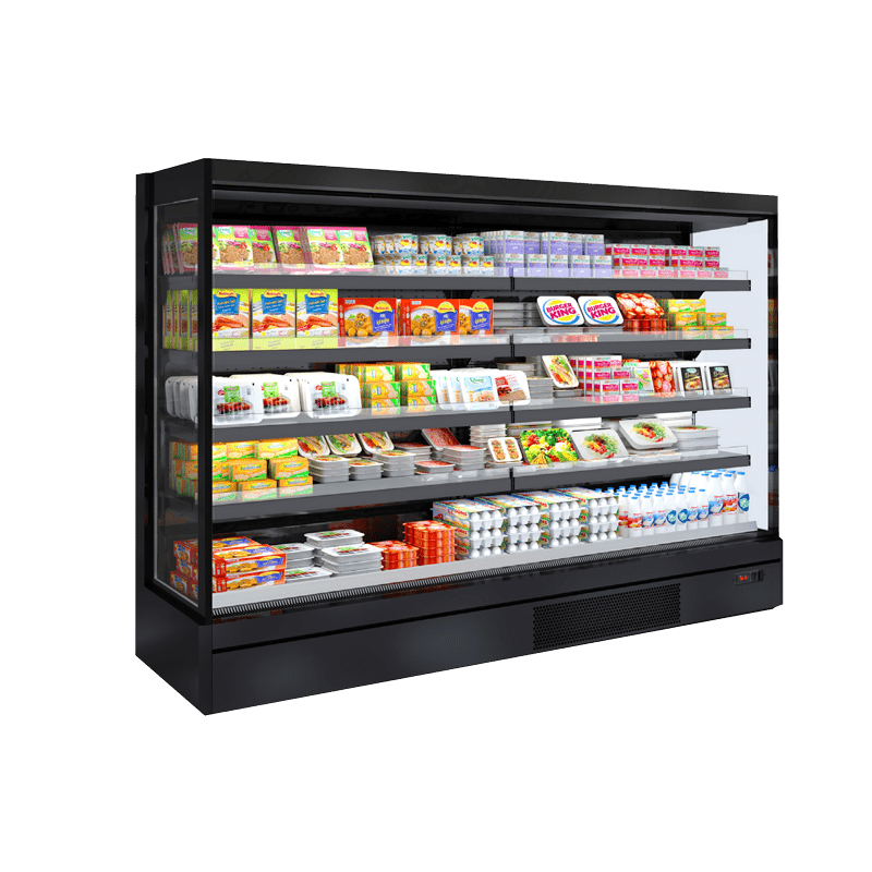 A black refrigerated display unit filled with various packaged food items and drinks.