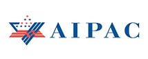 AIPAC logo featuring blue text with red and white striped elements, symbolising American patriotism.
