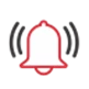 Red alarm bell icon with sound waves, set against a black background.