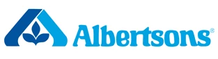 Blue logo of Albertsons, featuring stylised text and a simple graphic element.