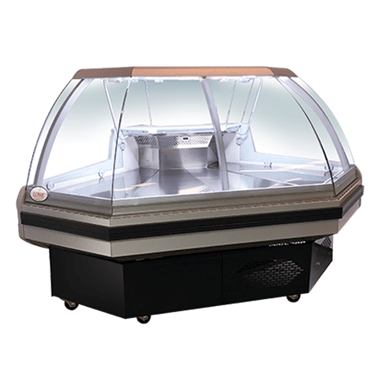 Serve-over counter with a curved glass top, featuring a sleek black base and stainless steel accents.