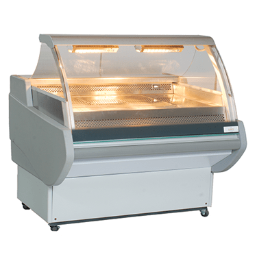 Curved glass display unit in white, featuring warm interior lighting and a sleek design.