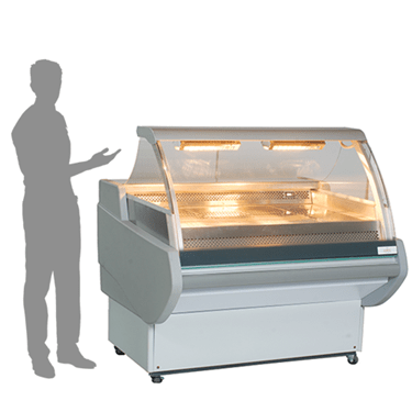 Curved glass display unit in white, featuring warm lighting and a shadow of a person beside it.