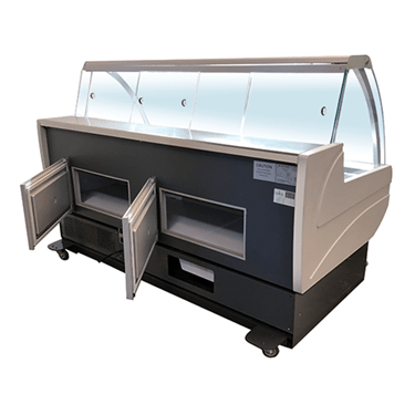 Serve-over counter with a silver top, black base, and glass display for food items.