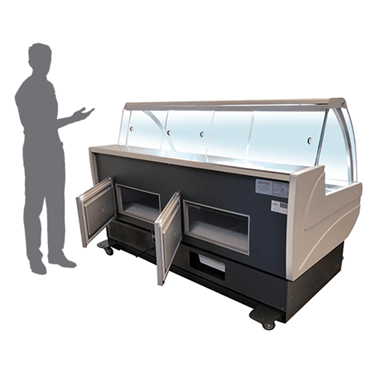 Serve-over counter with a sleek grey exterior and glass display, featuring open storage compartments.