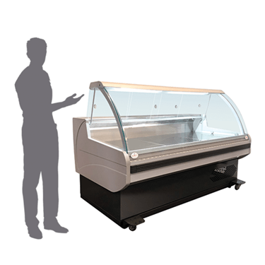 Serve-over counter with a glass top, grey and black, alongside a silhouetted figure gesturing.