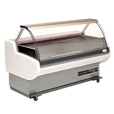 Curved glass display freezer with a white and grey exterior, showcasing a sleek, modern design.