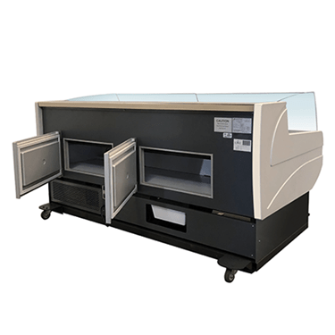 Self-service deli display unit in black and silver, featuring two open glass doors.
