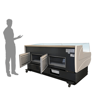 Self-service deli display unit in black and cream, featuring open drawers and a transparent top.