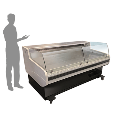 Self-service deli display in white and black, featuring a glass front and shadowed figure beside it.