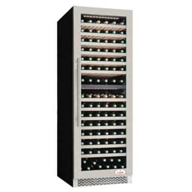 Wine display chiller with a stainless steel frame and black body, showcasing multiple wine bottles.
