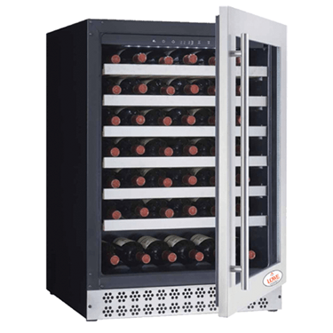 Wine display chiller with a glass door, showcasing rows of bottles with red caps.