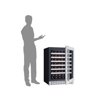 Wine display chiller with a black exterior and white door, alongside a silhouetted figure.