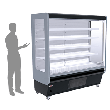 Euro Dairy/Deli merchandiser in black and silver, featuring empty shelves and a shadowed figure beside it.