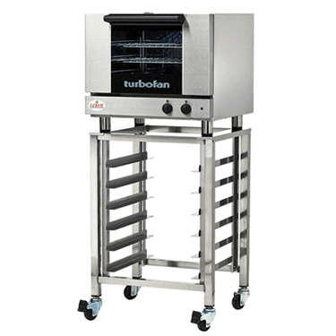 Stainless steel convection oven on a wheeled stand, featuring a glass door and control knobs.