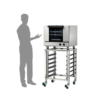 Stainless steel convection oven on a wheeled rack, with a shadow of a person beside it.