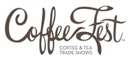 Stylised brown logo for Coffee Fest, featuring elegant script and text about coffee and tea trade shows.