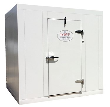 White walk-in cooler/freezer with a secure door and a visible logo on the front.