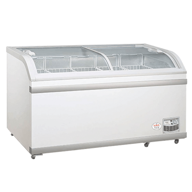 Sliding glass display freezer with a white exterior and transparent sliding lids.