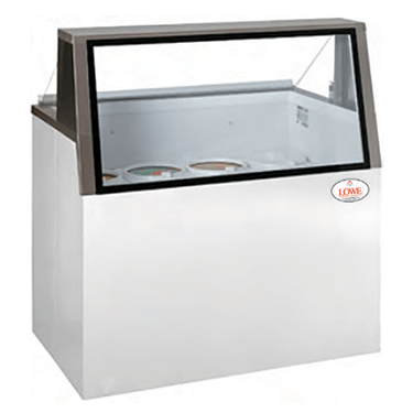White ice cream dipping cabinet with a black top and glass front, showcasing several ice cream tubs inside.