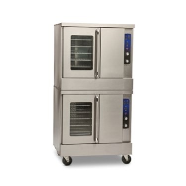 Stainless steel gas convection oven with two compartments and glass doors, mounted on wheels.