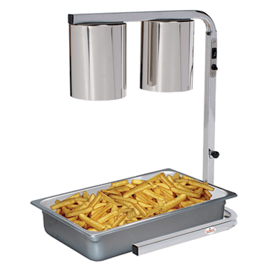 Dual lamp display warmer with stainless steel lamps over a tray of golden fries.