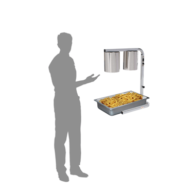 Dual lamp display warmer with a silver frame and golden-brown food in a tray.