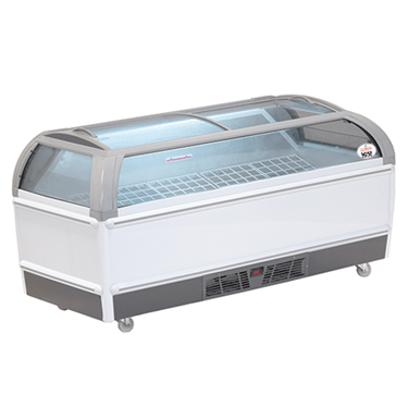 White wall display freezer with a transparent curved lid and grey base, showcasing a clean interior.