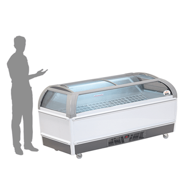 Wall site display freezer with a silver exterior and transparent lid, accompanied by a silhouetted figure.