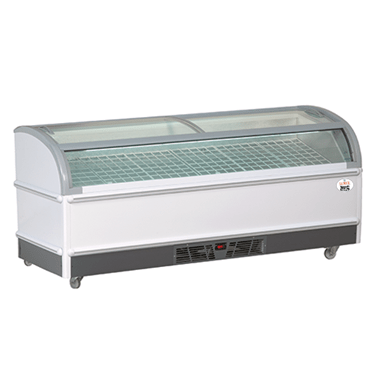 White display freezer with a curved glass top, featuring a grey base and visible shelving inside.