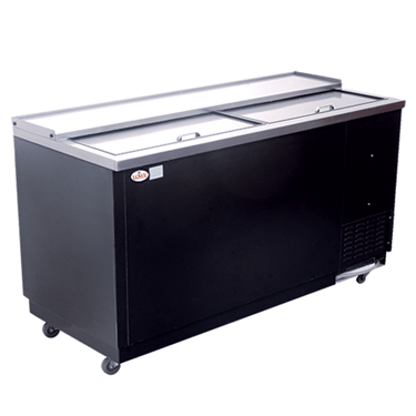 Black storage chiller with a sleek design and two sliding glass lids, on wheels.
