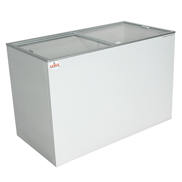 White sliding glass top freezer with a sleek design and two transparent compartments.