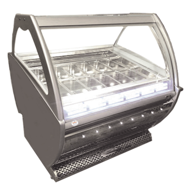 Silver gelato ice cream display case with a glass top and illuminated interior.
