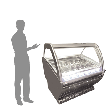 Gelato ice cream case with a sleek silver finish, illuminated, alongside a shadowy figure gesturing.