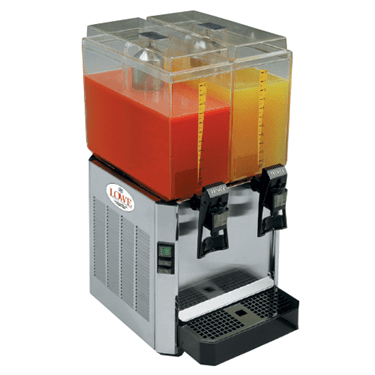 Two-bowl drink dispenser featuring red and yellow beverages, with a stainless steel base and taps.