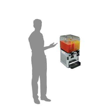 Two-bowl drink dispenser with orange and yellow beverages, accompanied by a silhouetted figure gesturing.