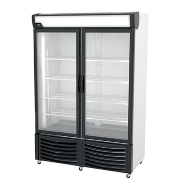 Upright display freezer with a black frame, glass doors, and empty white shelves inside.