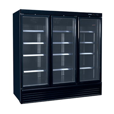 Black dual-temperature unit with three glass doors and adjustable shelves, designed for food storage.