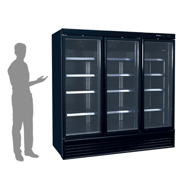 Triple-door dual-temperature unit in black, featuring transparent glass doors and empty shelves.