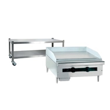 Stainless steel gas counter griddle with a smooth cooking surface and a sturdy shelf below.