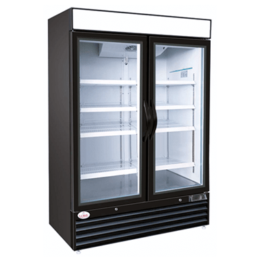 Double glass door freezer with a black exterior and empty white shelves inside.