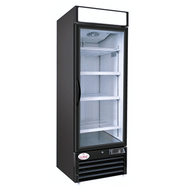 Single glass door freezer with a black exterior and white interior shelves, empty inside.