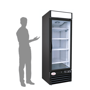 Single glass door freezer with a black exterior and empty interior, accompanied by a shadowed figure.