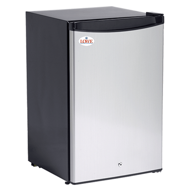 Silver and black storage chiller with a curved door, featuring a logo on the front.
