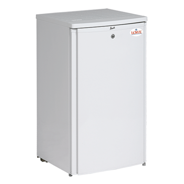 White storage freezer with a top-opening lid and a small lockable handle.