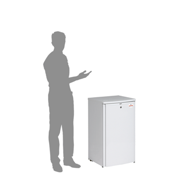 White storage freezer with a shadowy figure gesturing beside it, set against a plain background.