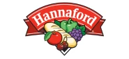 Hannaford logo featuring a red banner, fruits, and vegetables in vibrant colours.
