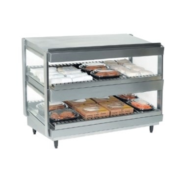 Stainless steel hot self-serve unit displaying various packaged meats on two shelves.