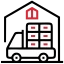 White delivery truck with stacked boxes, positioned in front of a red-roofed warehouse icon.