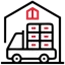 White delivery truck with stacked boxes and a red warehouse icon on a black background.